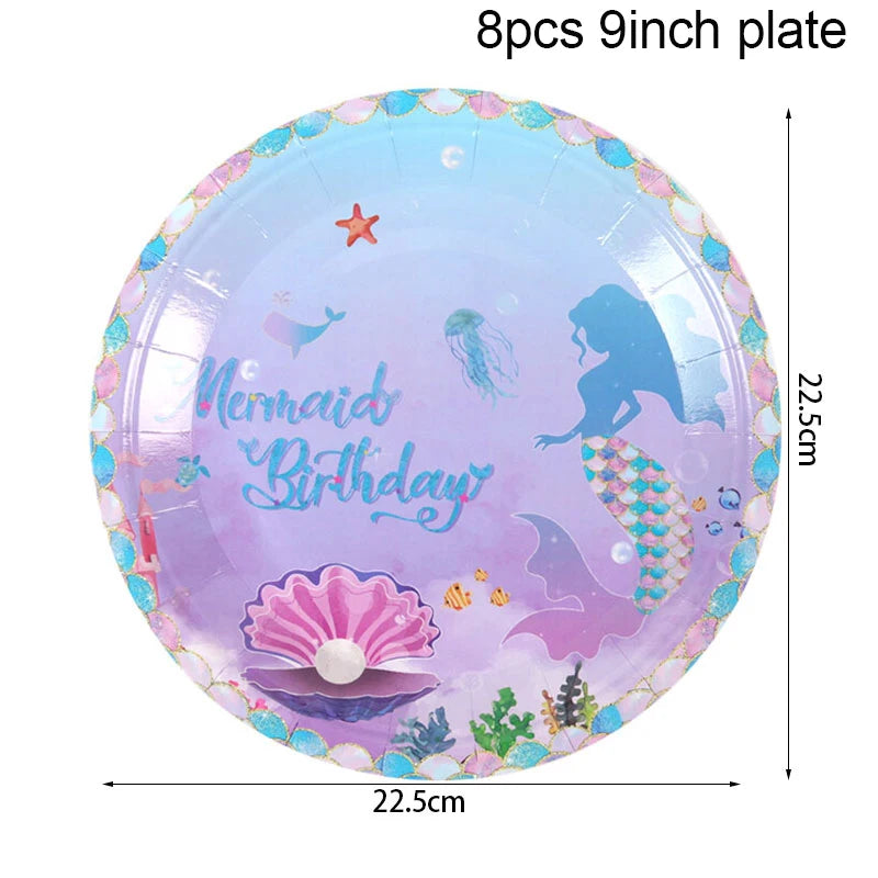 Mermaid Themed Party Disposable Tableware Purple Paper Plate Cup Knife Fork Spoon Girls Birthday Party Supplie Baby Shower Decor