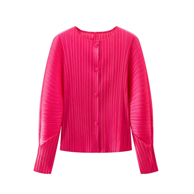 Miyake Pleated Solid Color Round Neck Cardigan Short Jacket for Women Long Sleeve Spring 2025 New Fashionable Age-reducing Top