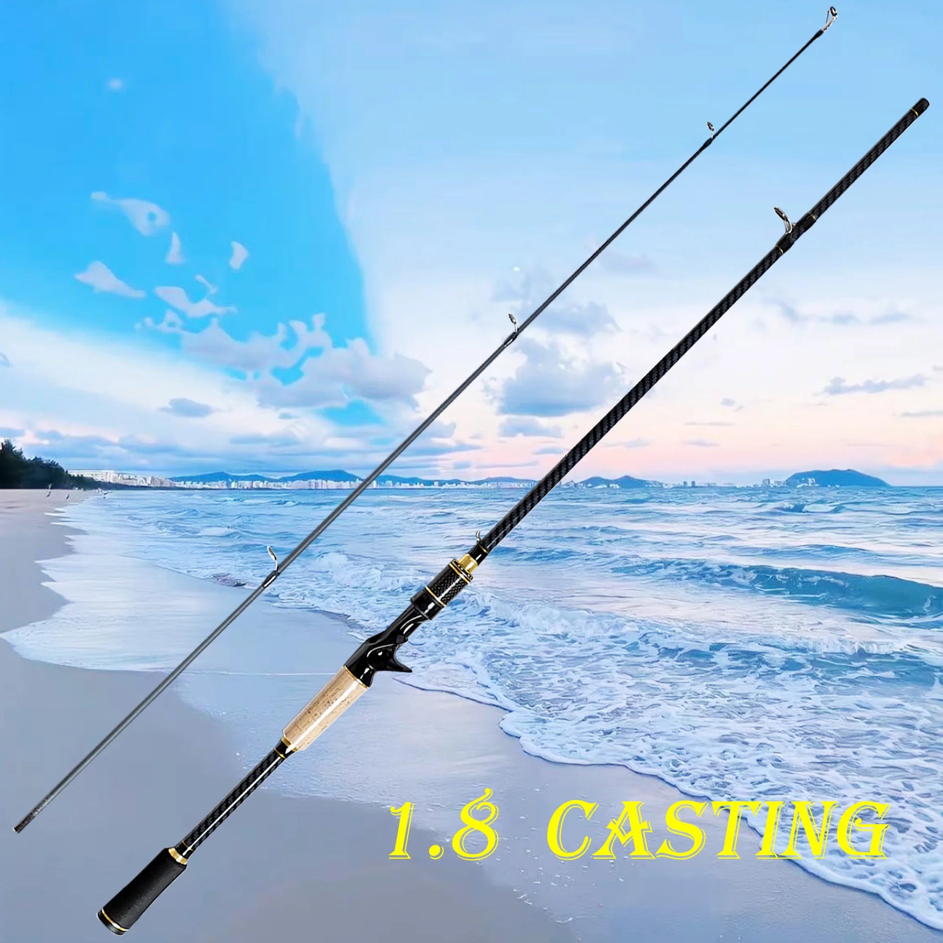 1.8-Meter Two-Section Lure Rod Suitable for Various Waters, Lightweight and Portable, Comfortable to Hold, Imitation Wood Soft Handle, Eav Segmented Grip, All-Black Color with Gold Accents, Enhanced Fashion, Ceramic Guide Rin