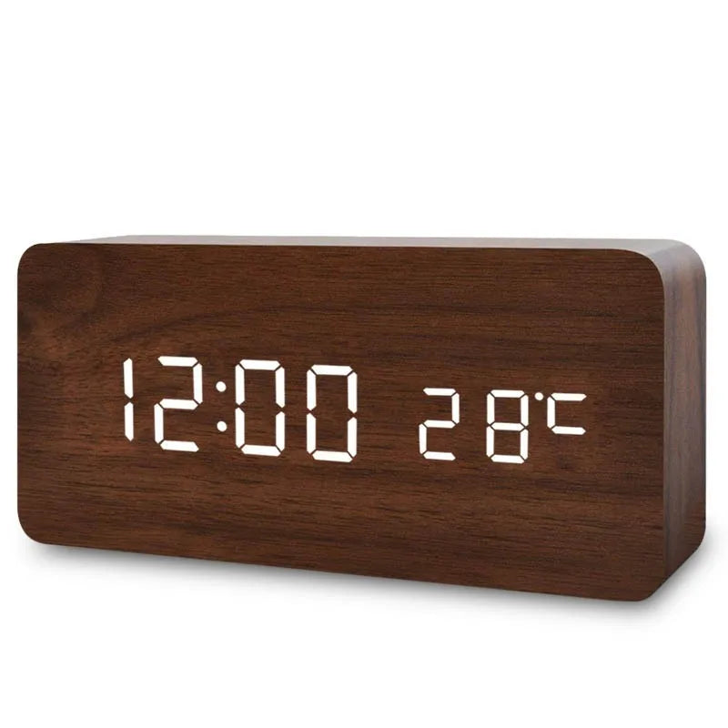 Alarm Clock LED Wooden Watch Table Voice Control Digital Wood Despertador USB/AAA Powered Electronic Desktop Clocks