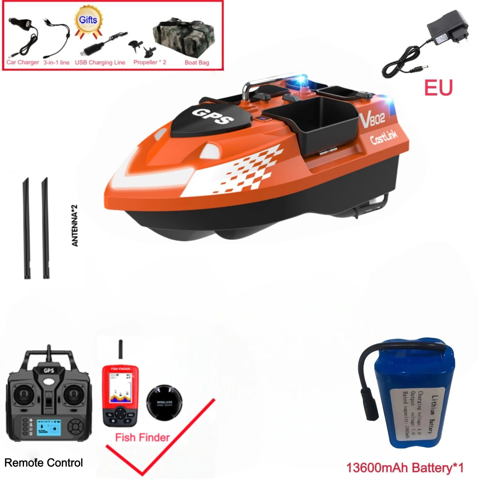GPS Positioning 160 Positioning Points Fishing Boat Rc Bait Boat 4 Hoppers Waterproof 3KG Load 500M 15KM/H GPS One Click Return