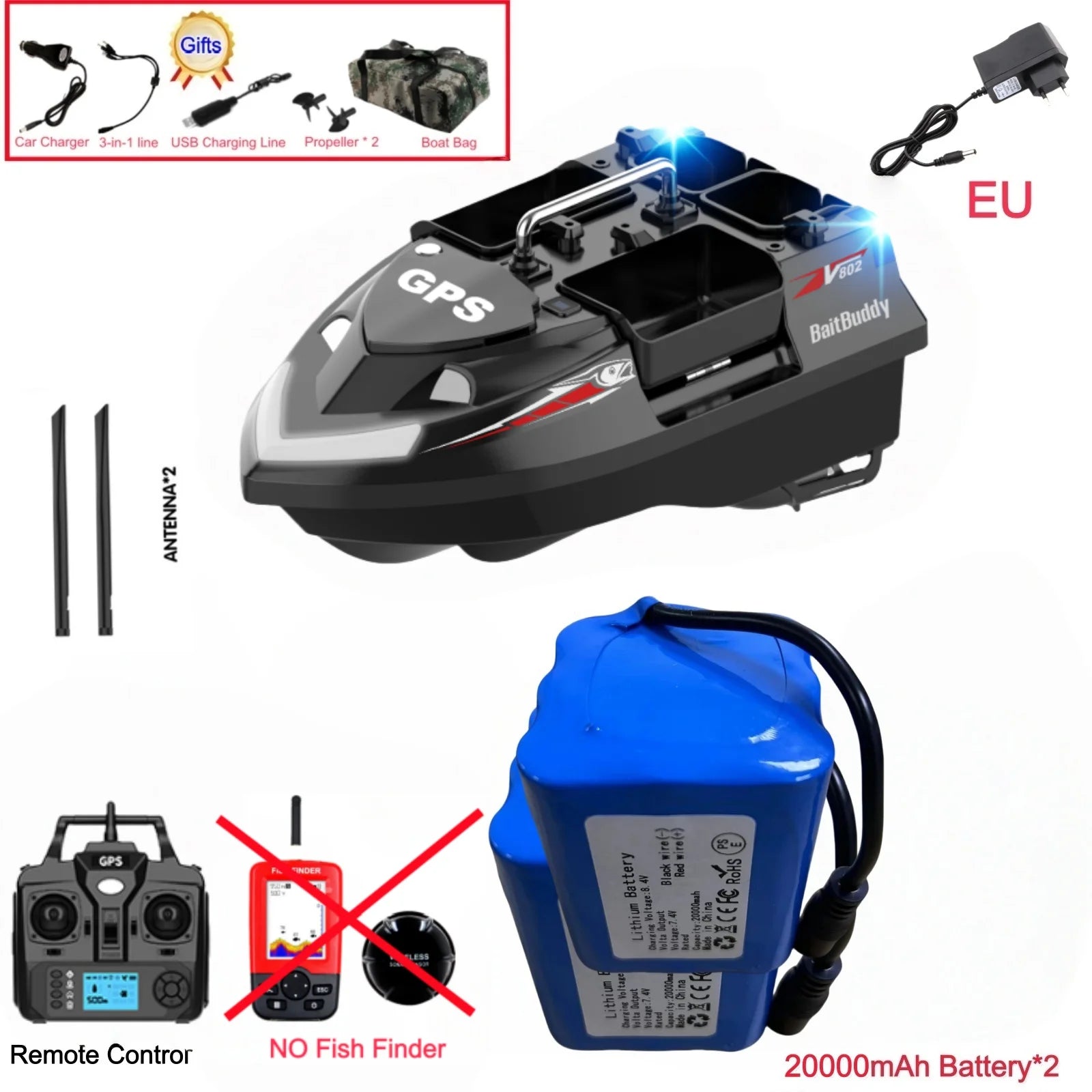 GPS Positioning 160 Positioning Points Fishing Boat Rc Bait Boat 4 Hoppers Waterproof 3KG Load 500M 15KM/H GPS One Click Return