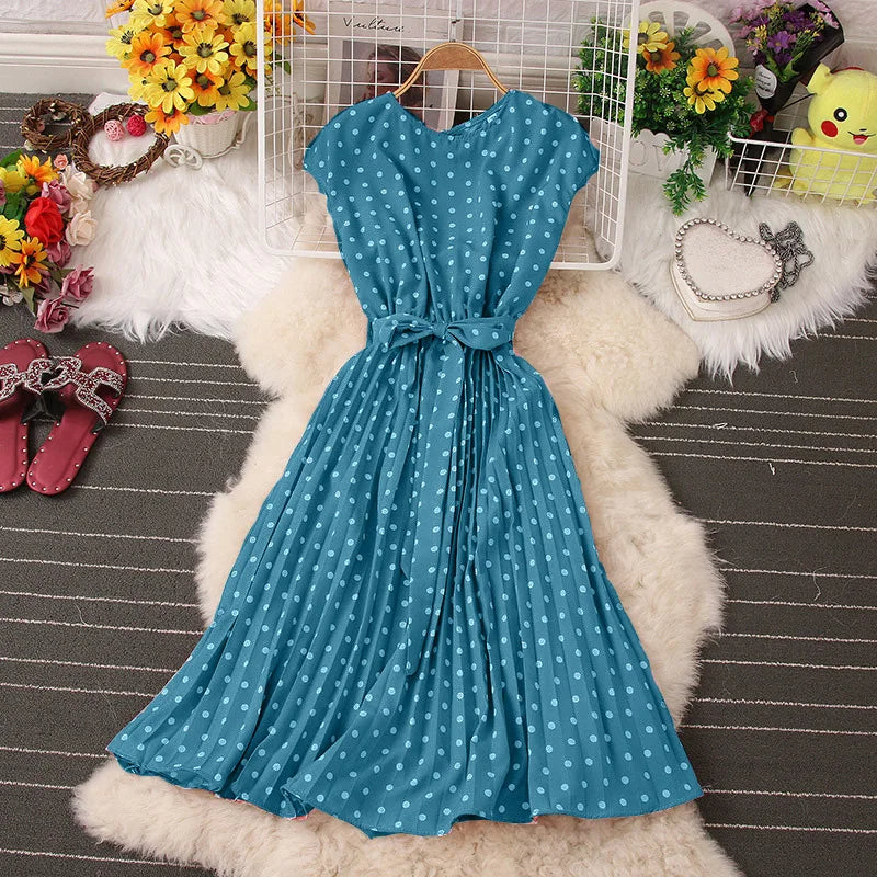 Ficusrong Dot Print Chic Summer Women Dress High Waist Knee Length Bandage Ladies Medium Long Dresses