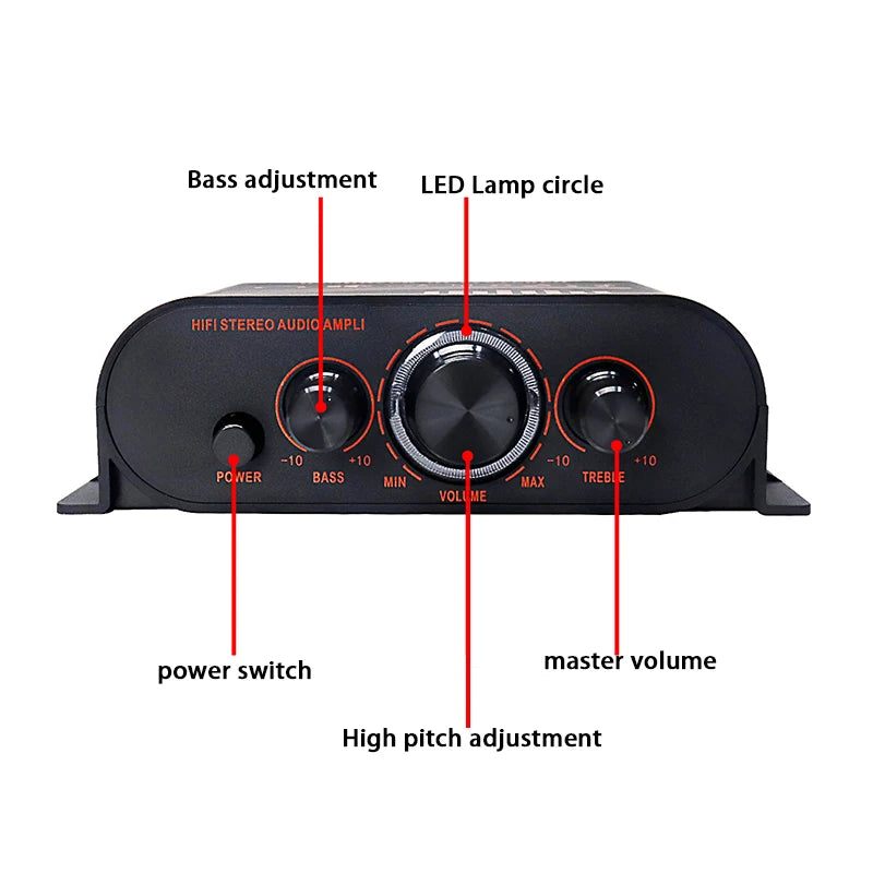 HiFi Stereo Audio Amplifier RCA Input 2-Channel 20W×2 DC12V Mini Amp with Bass Treble Control For Car Home Speaker System