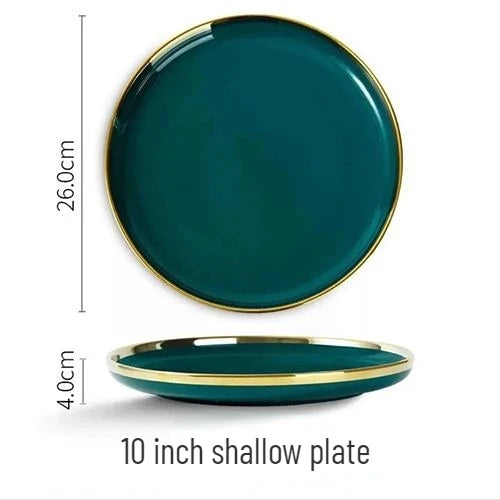 Gold Edging Green Porcelain Plates Food Dinner Set Dishes Salad Soup Bowl Ceramic Plates Bowls Luxurious Tableware Set