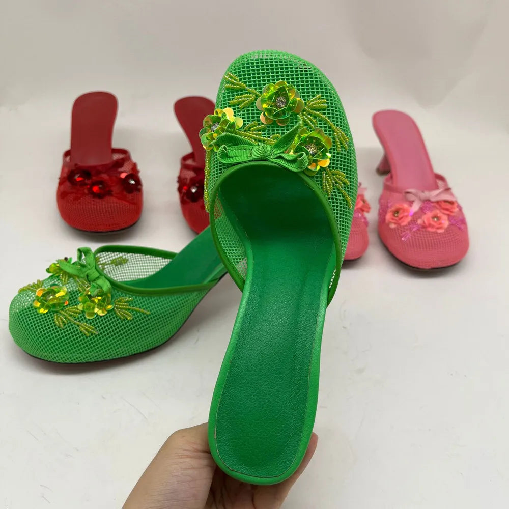 2026 Summer Spring Women Slippers for Woman Mesh Flower High Heeled Shoes Sexy Ladies Slip-On Non-Slip Round Toe Wedding Sandals