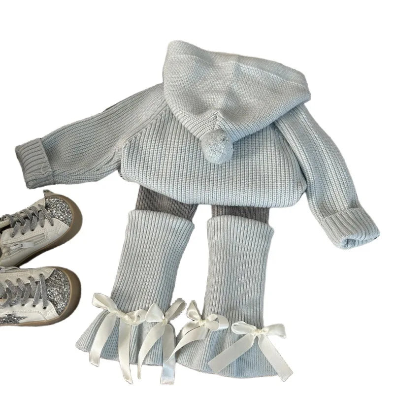Korean-style Kids' Clothing 2025 New Autumn Girls' Hooded Knit Sweater with Yarn Leggings and Slouchy Socks Two-Piece Set Trendy