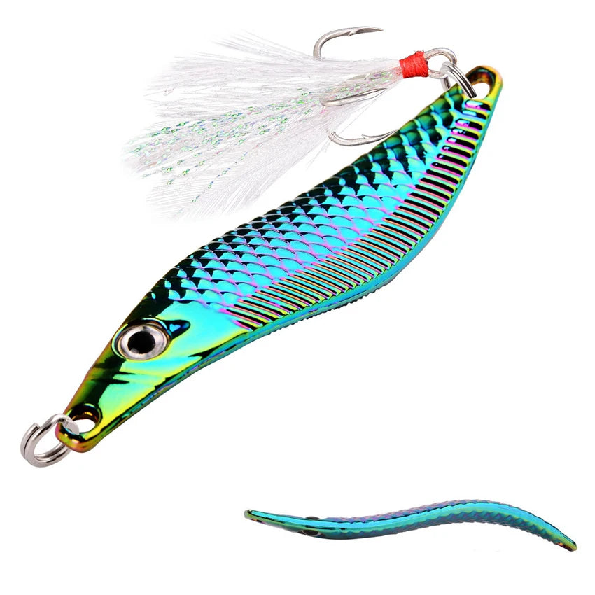 Metal VIB Leech Spinners Spoon Lures 7g 10g 15g 20g Artificial Bait With Feather Hook Night Fishing Tackle for Bass Pike Perch