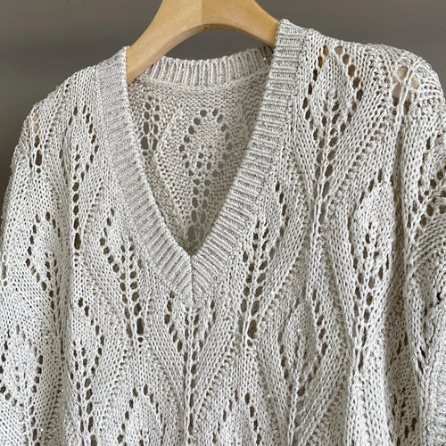 25 Spring And Summer New Women'S Hollow Diamond Grid Sequin Embroidery Knitted Sweater Bat Sleeve Thin V-Neck Top
