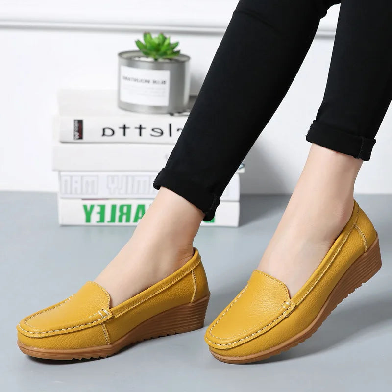 Women Shoes for Work Wedge Low Heels Casual Shoes Woman Slip-on Spring Autumn Genuine Leather Comfortable Female Shoes WSH2693