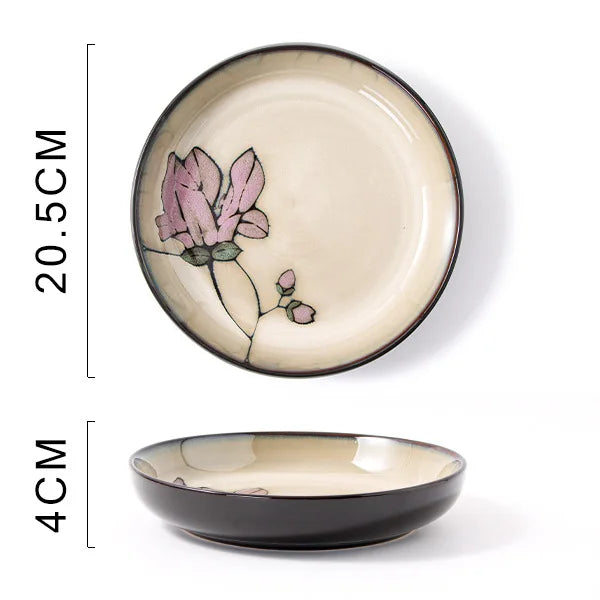 Ceramic hand-painted flowers creative dish plate Japanese tableware household fish plate round fruit plate kiln change rice bowl