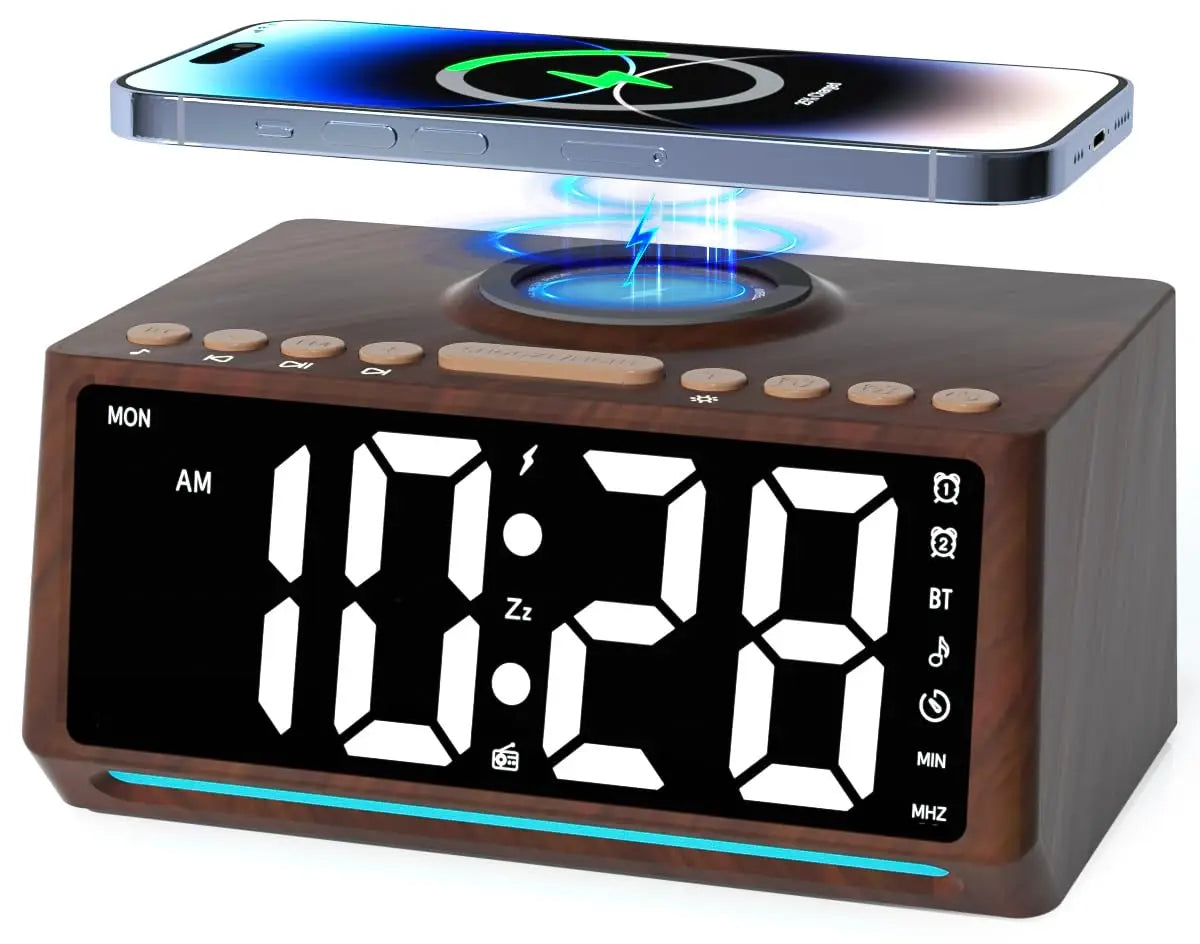 Retro Wooden Digital Alarm Clock Large Display with FM Radio, Bluetooth Speaker, Wireless Charger Station for cell phone