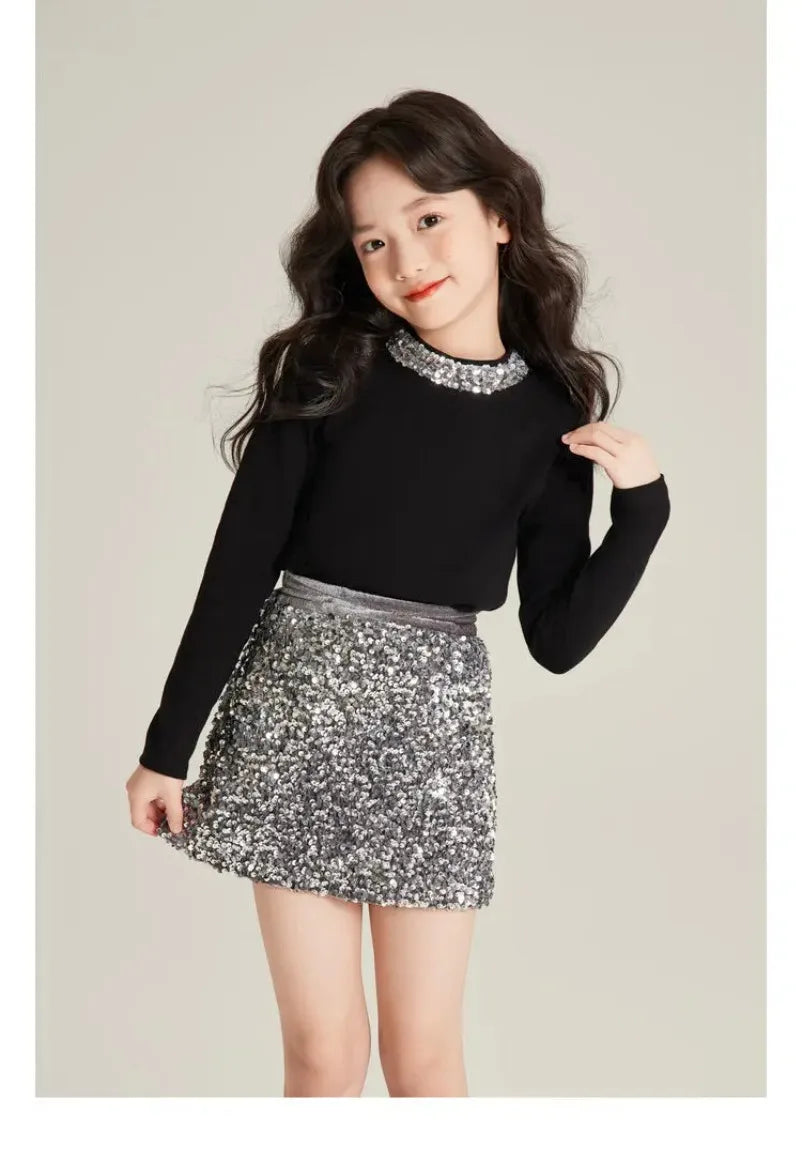 Kids Girls Clothes Girls Fall Boutique Sets Top  Sequined  Elementary Student Clothes Skirts Princess 2025  Elegant Suits 3-8 T
