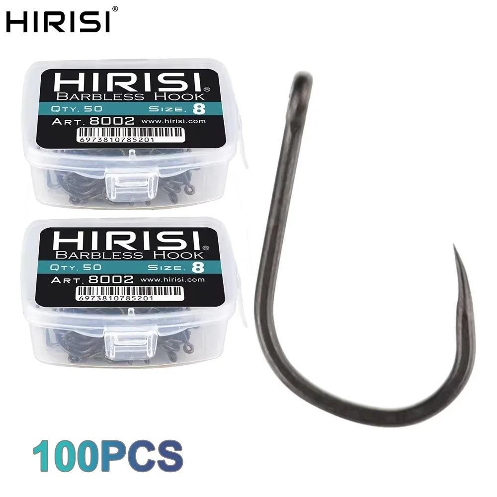 Hirisi 100pcs Barbless Fishing Hooks PTFE Coated High Carbon Steel Hook 8002 Freshwater Fishing Supplies