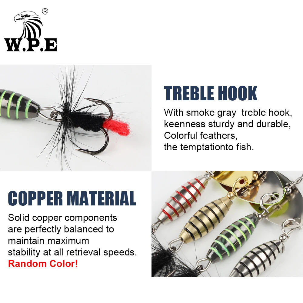 W.P.E 1pcs Spinner Lure 3.7g/5.3g/8.2g/10.5g Bait Metal Brass Spoon Hard Lure Feather Treble Hook Fake Lure Fishing Tackle Pesca