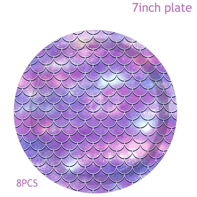 Mermaid Themed Party Disposable Tableware Purple Paper Plate Cup Knife Fork Spoon Girls Birthday Party Supplie Baby Shower Decor