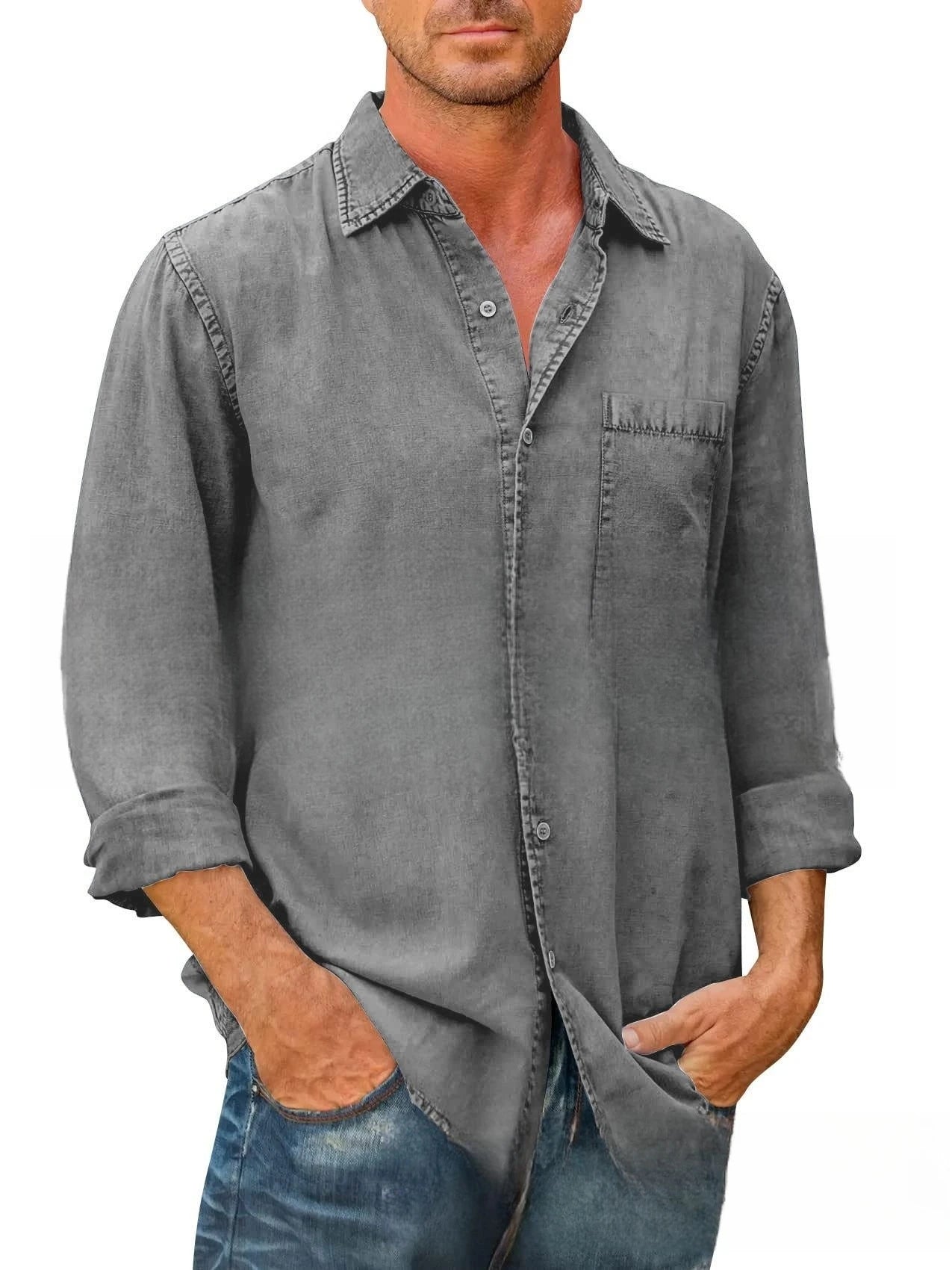 Men Shirts Cotton Denim Long Sleeve Casual Solid Color Laple Shirt Mens Spring Autumn Fashion Vintage Jeans Shirt Tops S-5XL
