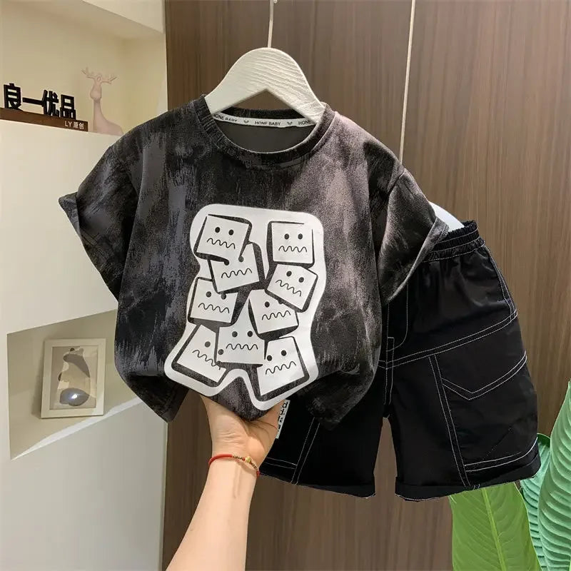 Kids Clothing 2pcs Sets Boys Grey Hole Short Sleeved T-shirt+ Denim Shorts Summer Suit 2025 New  Handsome Baby Clothes