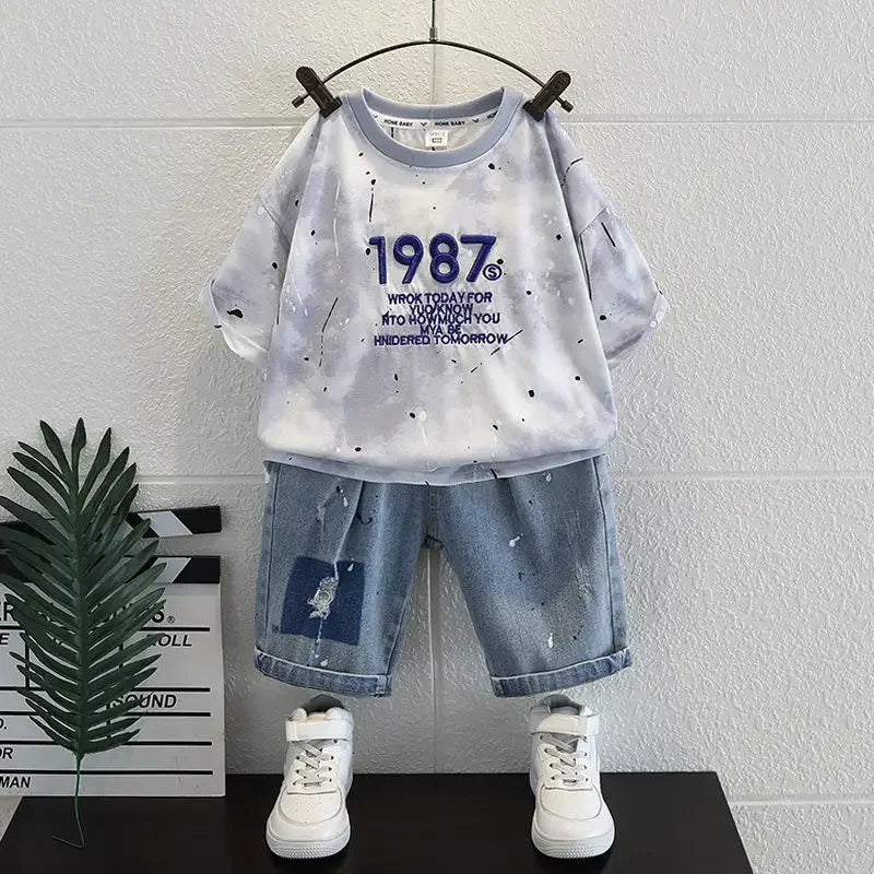 Kids Clothing 2pcs Sets Boys Grey Hole Short Sleeved T-shirt+ Denim Shorts Summer Suit 2025 New  Handsome Baby Clothes