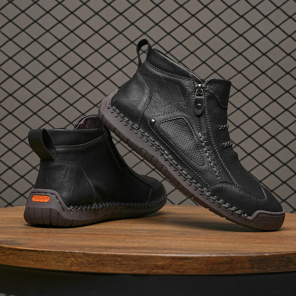 Men's Leather Ankle Boots Outdoor Casual Boots Casual Soft Sneakers Flat Lace-up Boots Handmade Large Size Mens Shoes Botines