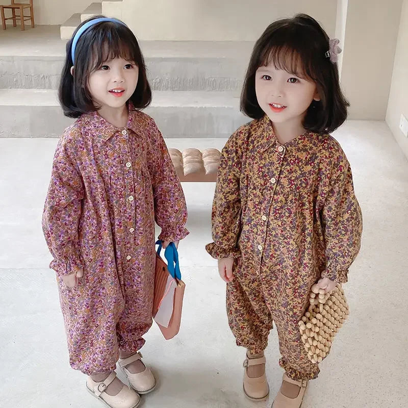 Kids Clothes Autumn Spring Children Girls Cotton Jumpsuits Single-Breasted Cute Floral Chic Baby Overalls Soft Loose Trousers