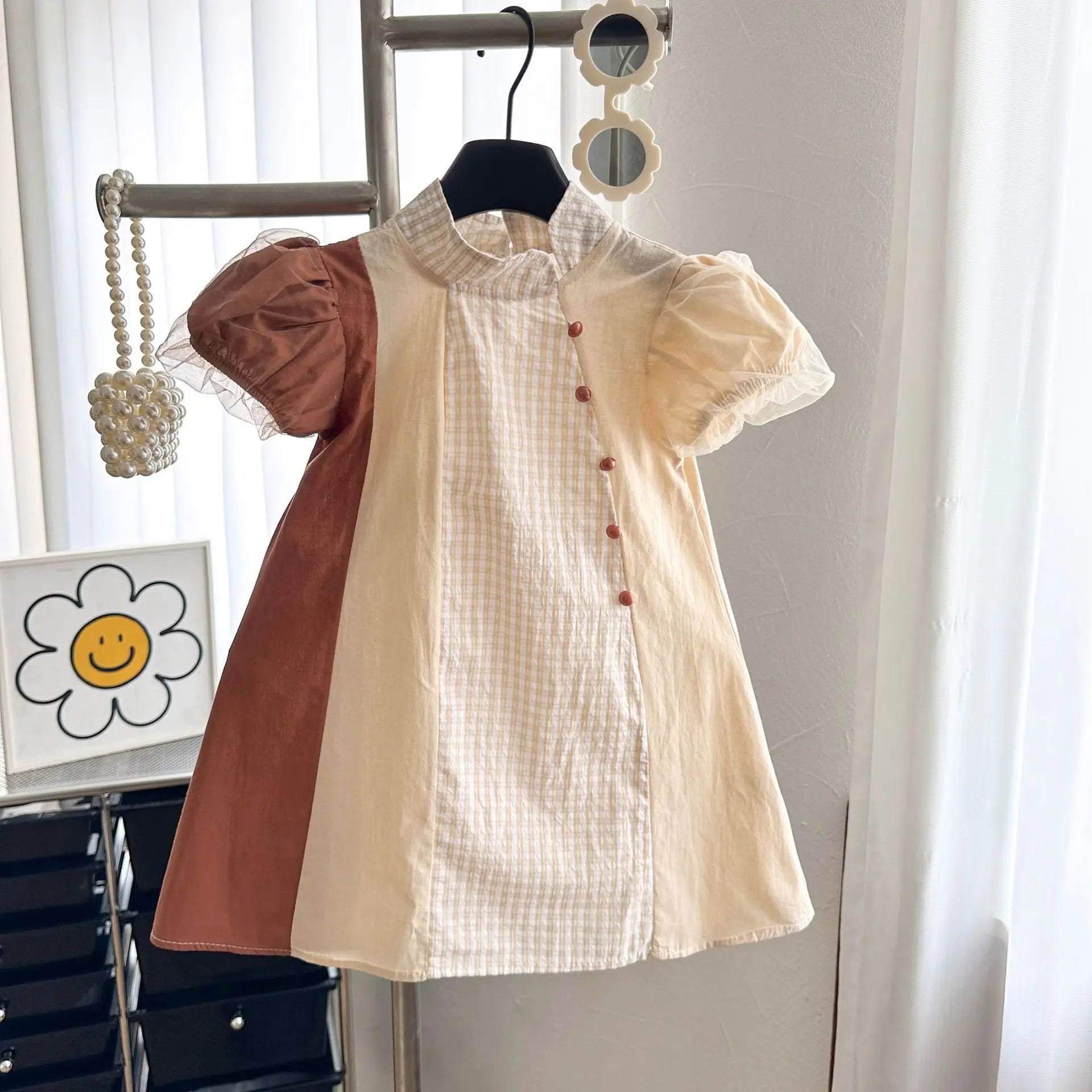 Girls French Style Patchwork Dress 2024 Summer Baby Girl Sweet Short Sleeve Dress