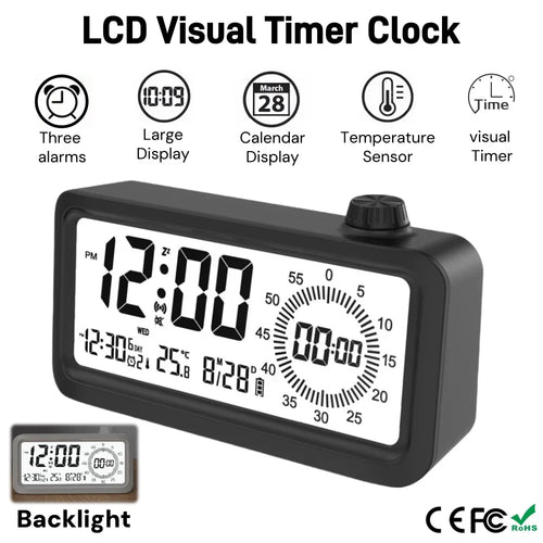 Alarm Clock with 3 Alarms, Night Light, Visual Timer, Digital Clock for Children Students, Desk Clock with Gift Box for Bedroom