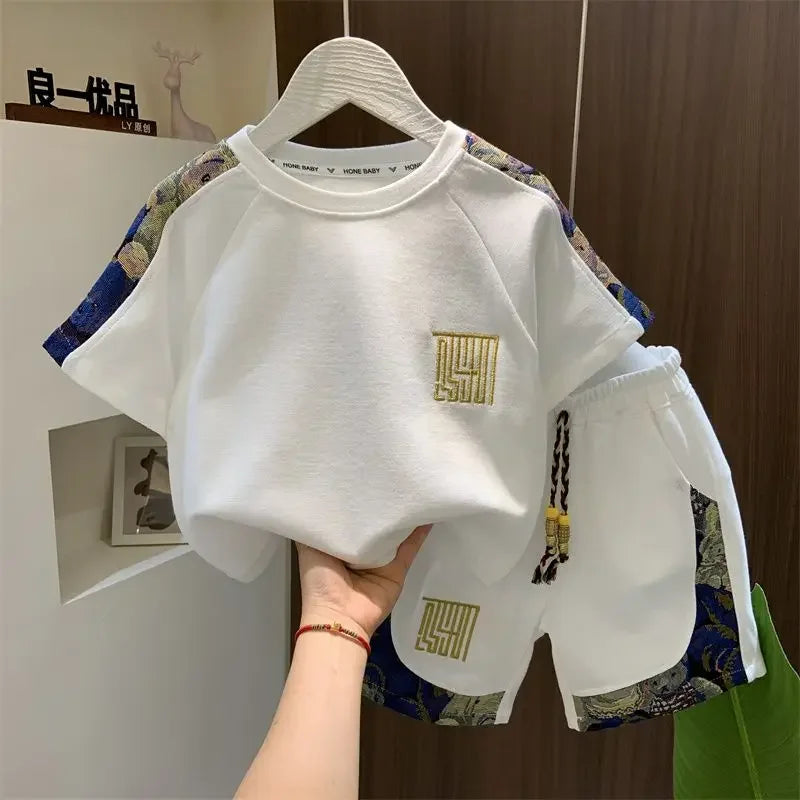 Kids Clothing 2pcs Sets Boys Grey Hole Short Sleeved T-shirt+ Denim Shorts Summer Suit 2025 New  Handsome Baby Clothes