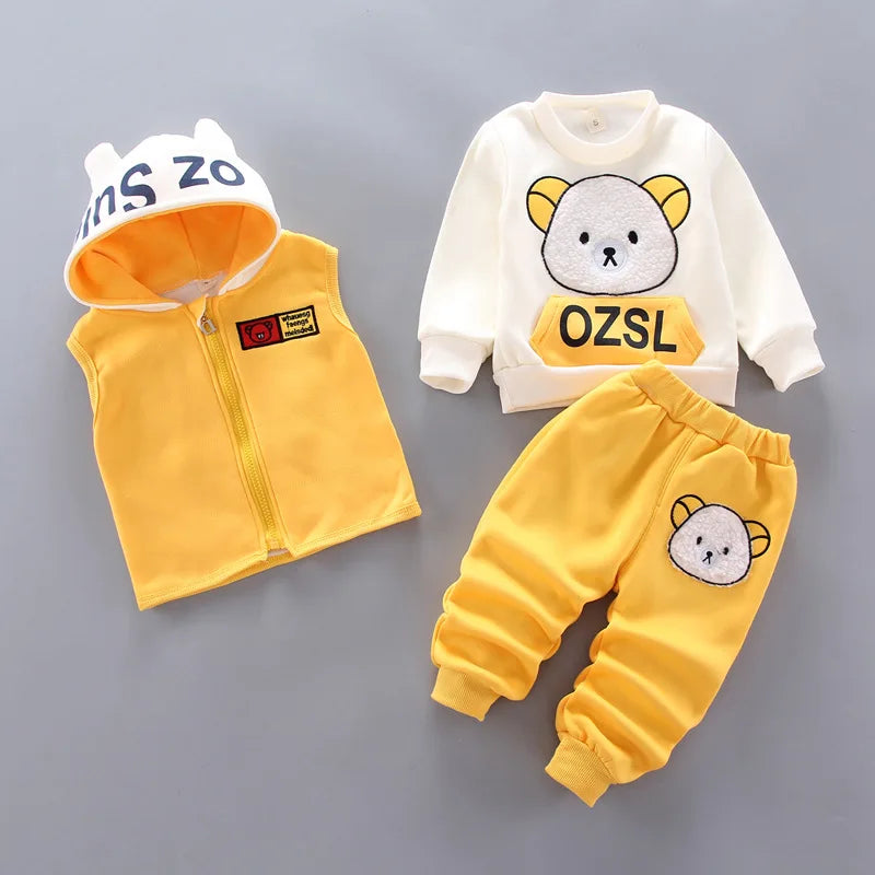 Boys Girls Cartoon Clothing Suits Baby Plus Velvet Jacket+Hooded Vest+ Pants 3Pcs Sets Kids Toddler Winter Sports Clothes 0-4Y