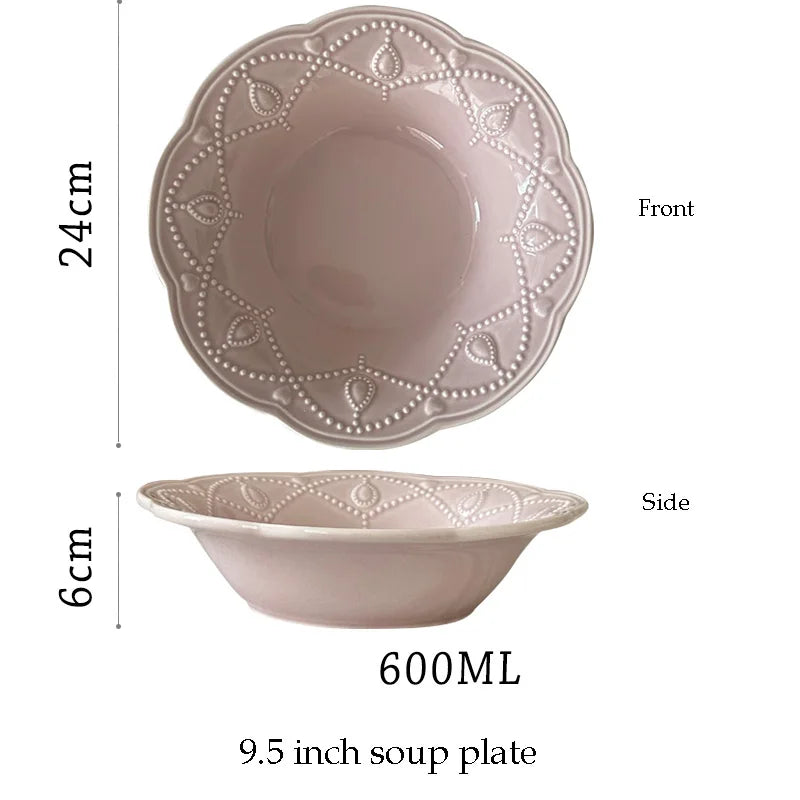 Pink Plate Set Retro Embossed Ceramic Dishes Cup and Saucer Breakfast Milk Mug Soup Plate Kitchen Tableware Housewarming Gift