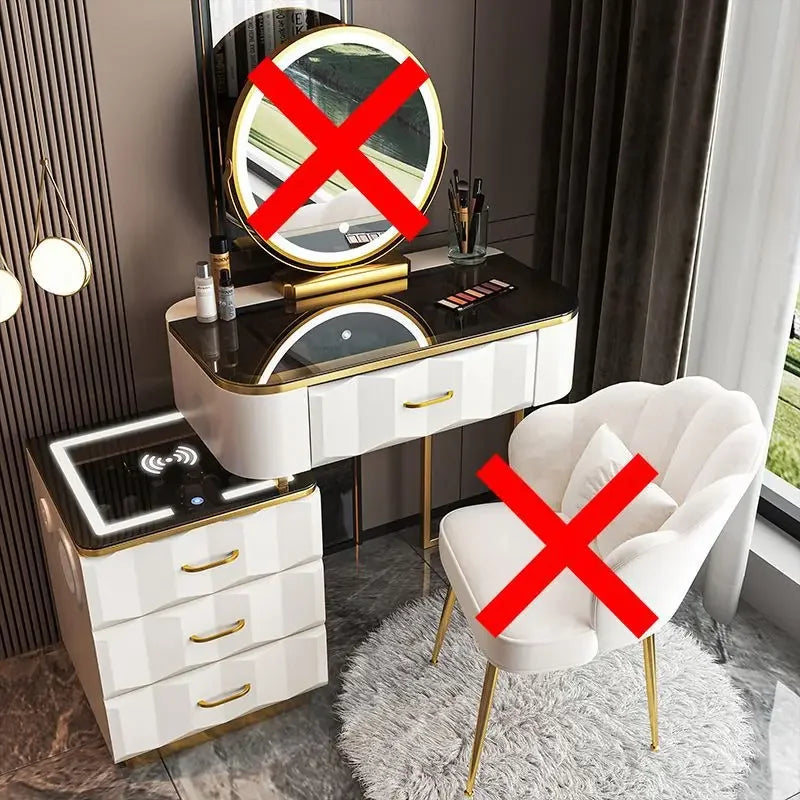 Makeup Vanity Desk with Wireless Charging Station and Bluetooth Speaker, Dressing Table with Tempered Glass Desktop,Vanity Set