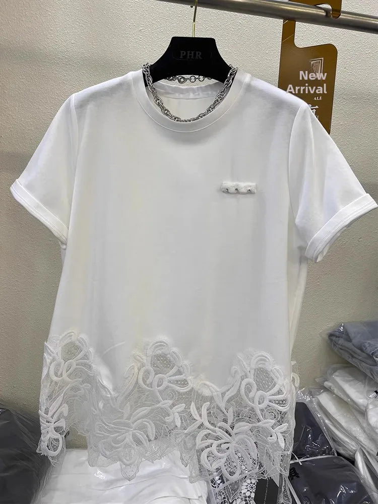 Elegant Lace Hem Short Sleeve Pure Cotton T-Shirt Women's Fashionable Summer New Style European Goods Irregular Top