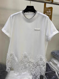 Elegant Lace Hem Short Sleeve Pure Cotton T-Shirt Women's Fashionable Summer New Style European Goods Irregular Top