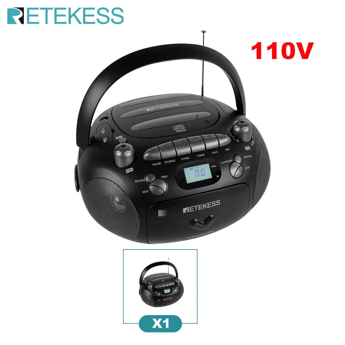 RETEKESS TR630 CD Player Boombox Stereo Portable Radio FM AM Cassette Tape 3W Speaker TF USB Recording Remote Control for Home