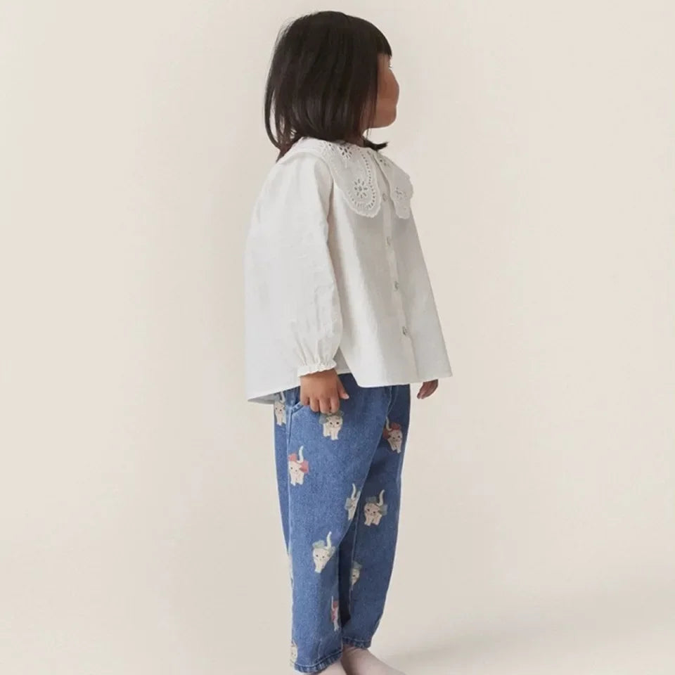 New Spring Ks Kids Clothing Toddler Girls Denim Jacket Tank Dress Suits Autumn Children's Cartoon Cat Coat Jeans Trousers 2-9Yrs