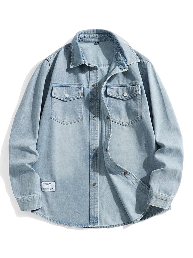 Men's Denim Shirts with Two Chest Pockets Metal Button Long Sleeve Jeans Shirts Loose Fit 2025 Autumn New Daily Leisure