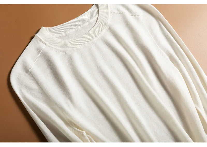 Birdtree, 100% Pure Wool Elegant Thin Sweater, Women O Neck Long Sleeve, Basics Bottom Knit Tops, 2024 Summer New T46840QM
