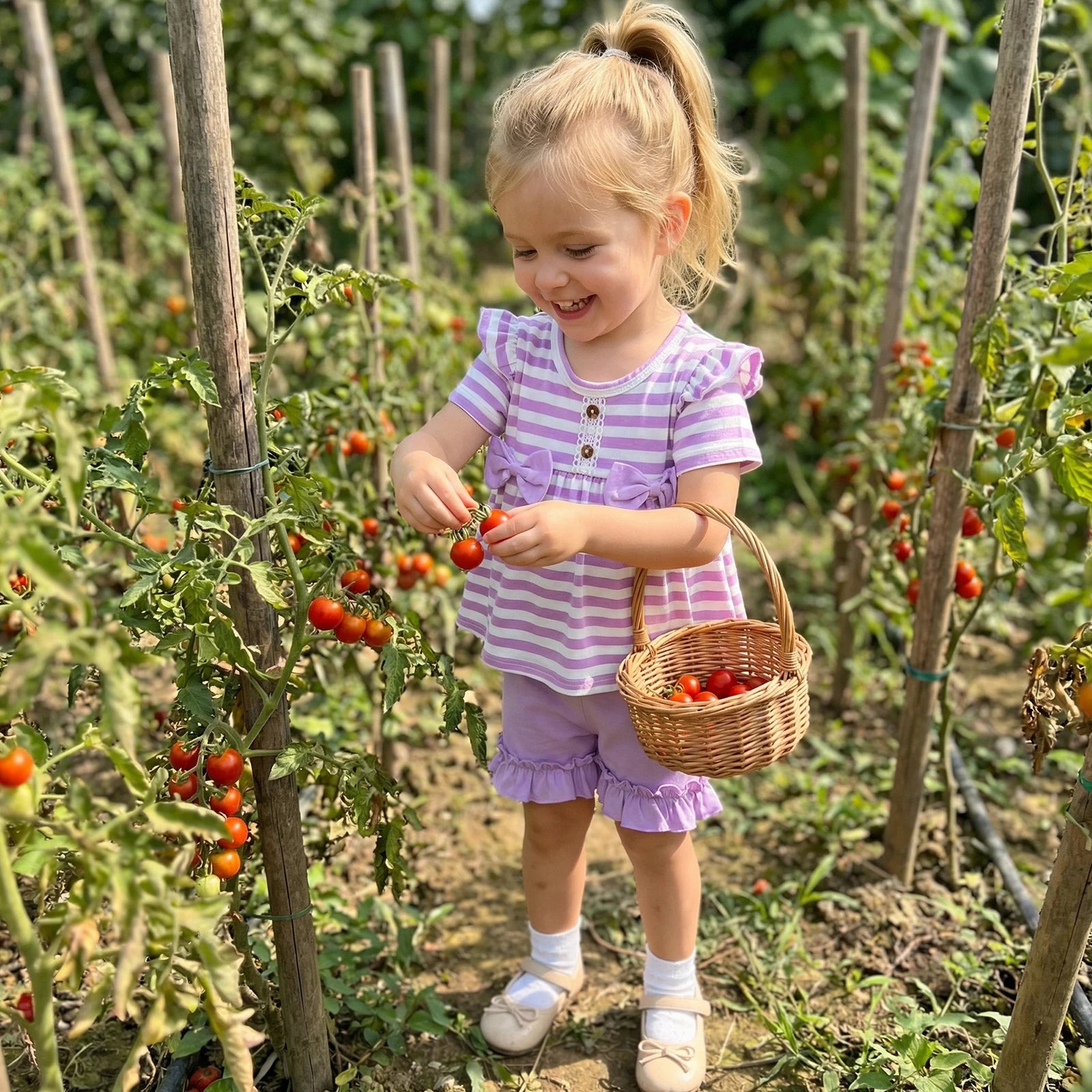 Kids Girls Summer Clothing Sets Short Sleeve Crew Neck Striped Bowknot T-shirts with Ruffles Shorts Holiday Casual Outfits