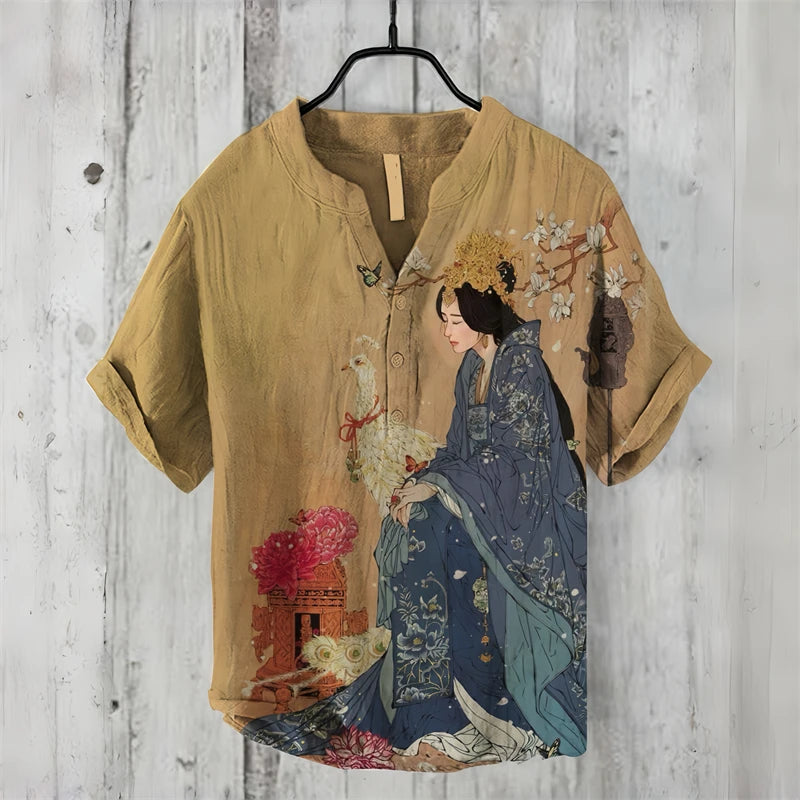 Spring and summer men's and women's shirts, fashionable shirts, casual fish pattern Hawaiian style printed shirts, linen tops