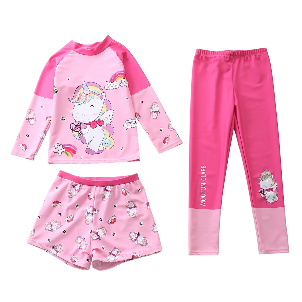 Kids Swimsuit for Girls Unicorn Long Sleeve Children's Swimwear + Surf Pants + Swimming Trunks Rash Guard Bathing Suit Child