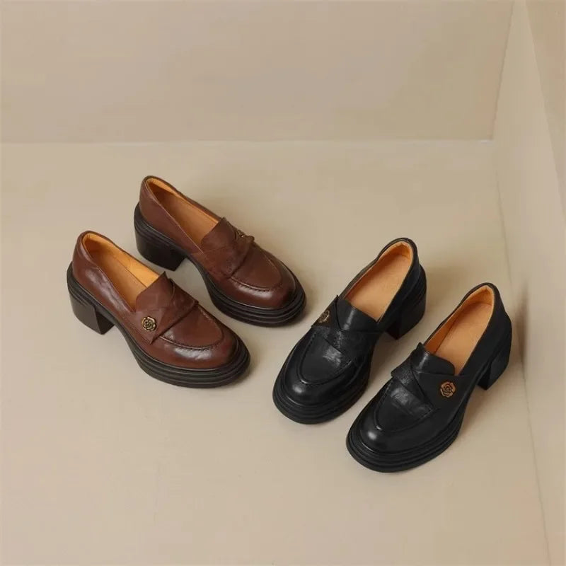 Women High Heel Shoes 2025 Retro Spring Autumn Performance Causal Women's Loafers Fashion Versatile Pumps Ladies Leather Shoes