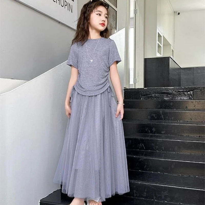 Children's Costume Girls Clothes 11 To 12 Years Old Sets Summer Suits Child Set Fashion Outfit T-shirts Home Clothing Girl Dress
