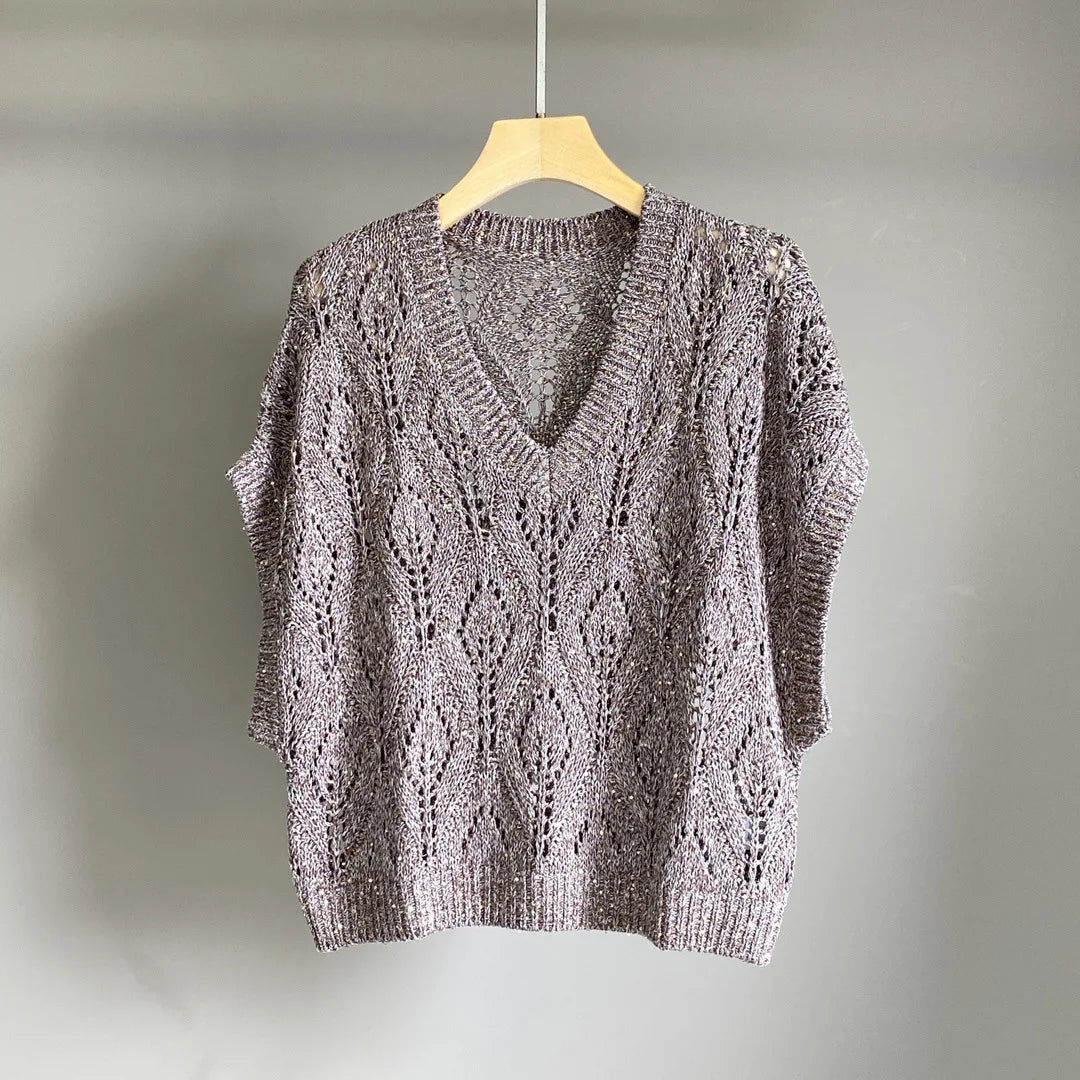 25 Spring And Summer New Women'S Hollow Diamond Grid Sequin Embroidery Knitted Sweater Bat Sleeve Thin V-Neck Top