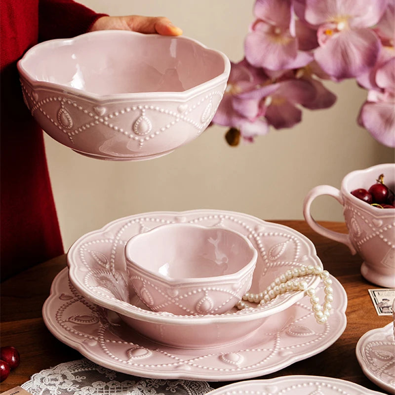 Pink Plate Set Retro Embossed Ceramic Dishes Cup and Saucer Breakfast Milk Mug Soup Plate Kitchen Tableware Housewarming Gift