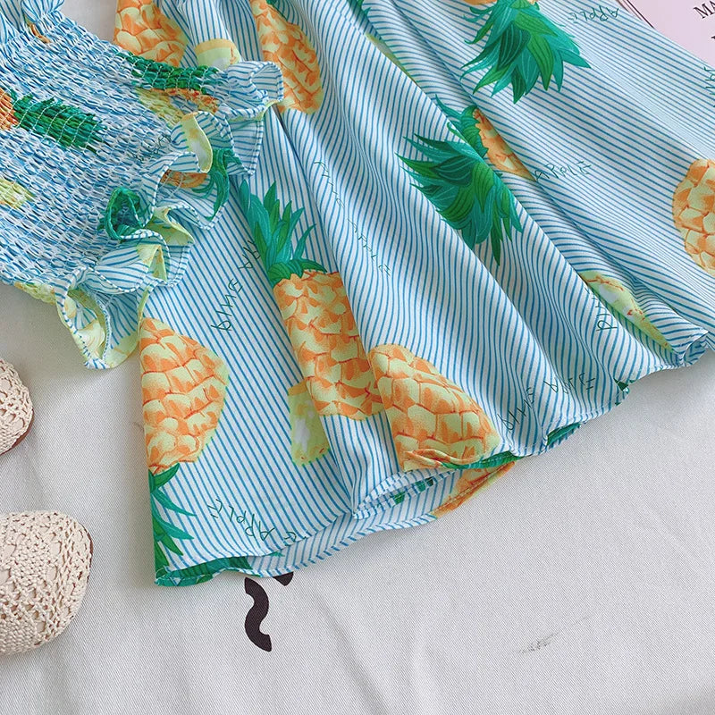 Kids Clothes Girls Summer Fashion Fruit Printed Slim Fit Camisole Top+Umbrella Skirt Sets Children's Daily Casual Wear