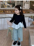 Korean Children Clothing 2025 Spring Clothing New Girls Splicing Long-sleeved T-shirt Top Girl Baby Ruffle Edge Bottoming Shirt