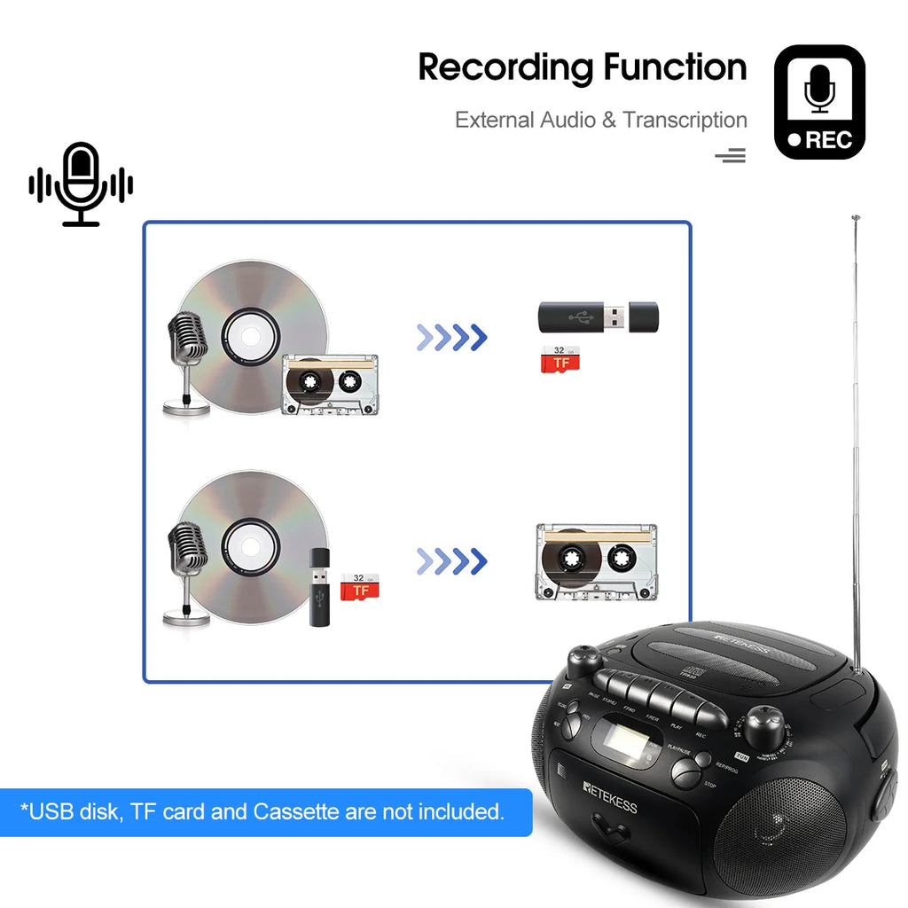RETEKESS TR630 CD Player Boombox Stereo Portable Radio FM AM Cassette Tape 3W Speaker TF USB Recording Remote Control for Home