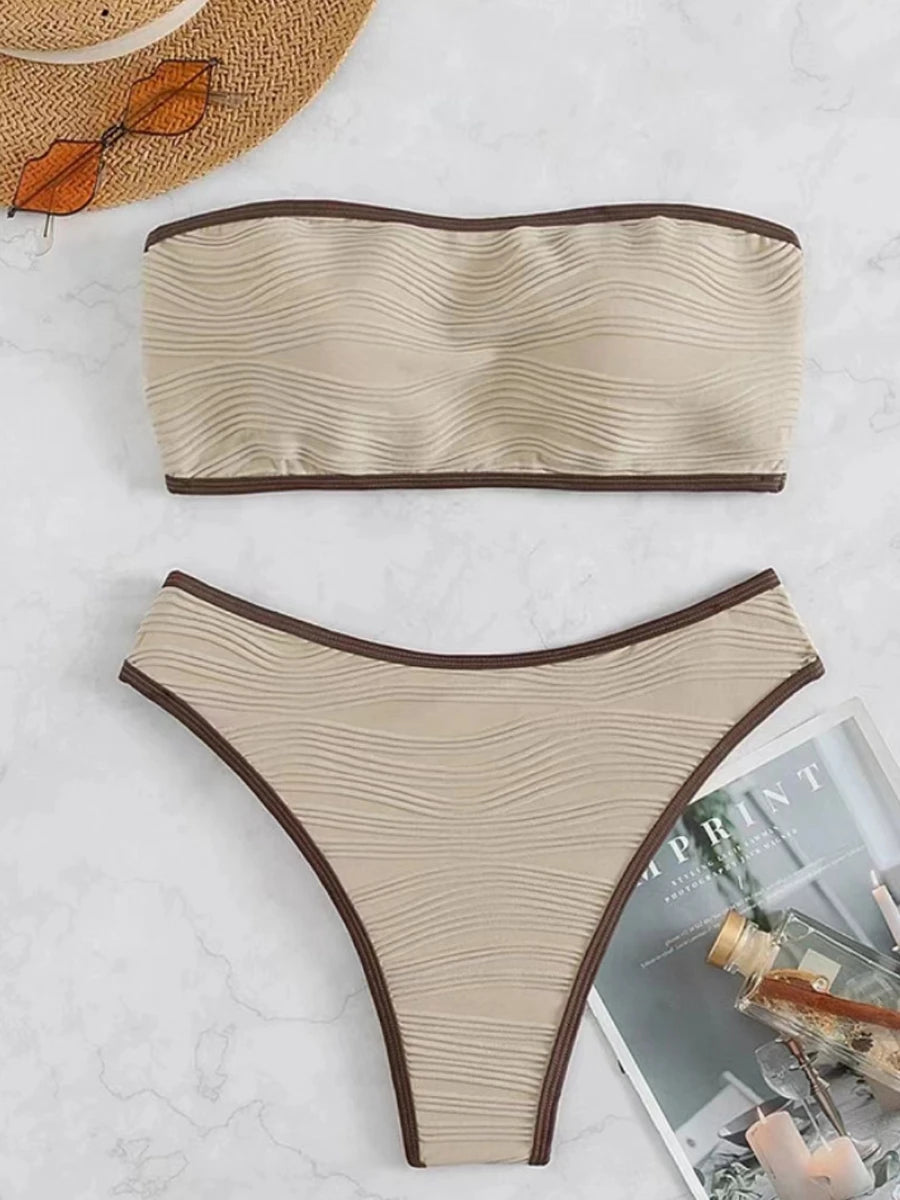 2026 Women Sexy Thong Swimsuit Push Up Swimwear Contrast Binding Bandeau Bikinis Female Bathing Suit Swimming Summer Beachwear