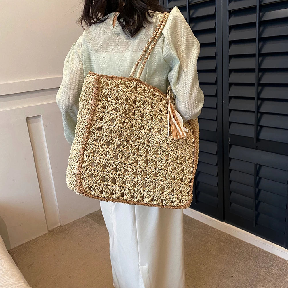 Summer Straw Bags for Women Straw Shoulder Bags Rattan Woven Boho Wicker Beach Tote Handbags Hollow Out Tassel Handle Bag Bolsas