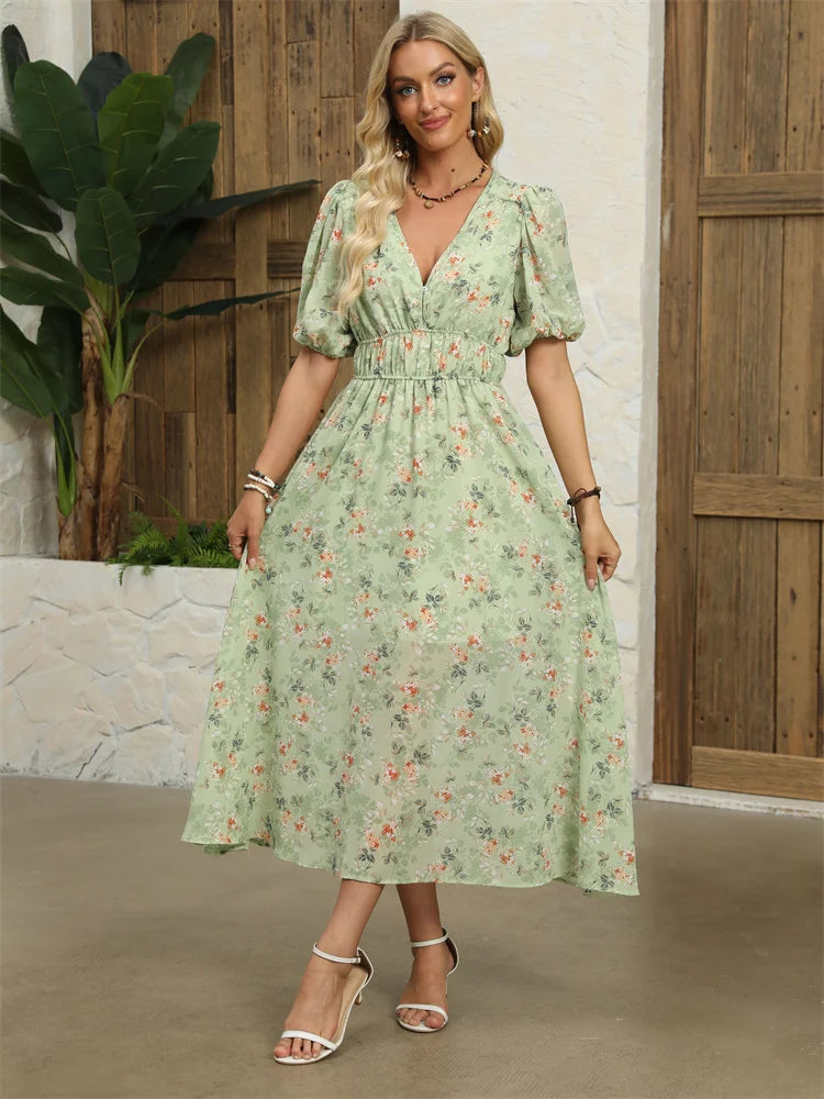 Msfilia Fashion V Neck Floral Dress Women's Midi High Waist A Line Chic Print Retro Lantern Sleeves Summer Long Dress